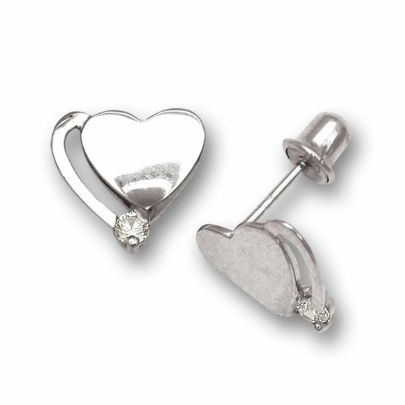 Real 14K Solid Gold Heart Shape Stud Screw Back Earrings w/ Sparkly White Stone - Picture 2 of 4